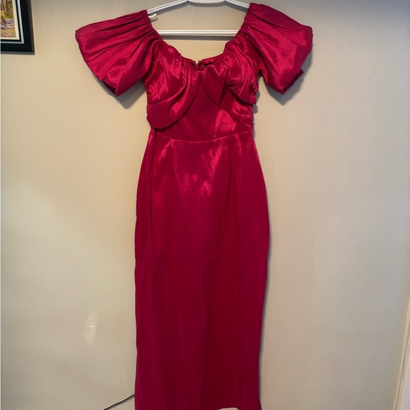NWT Abercrombie and Fitch Taffeta Off The Shoulder Midi Dress Medium Fuschia - Picture 3 of 8